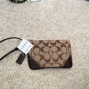 Coach Brown and Tan Signature Wristlet with Leather Trim